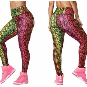 Zumba Fitness High-Waist Snake Print Leggings in Neon Pink & Green M